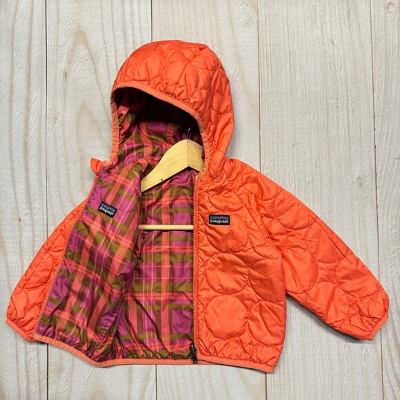 Patagonia Baby Reversible Puff-Ball Hooded Jacket Toddler 12-18M?? Orange Plaid - Picture 1 of 6